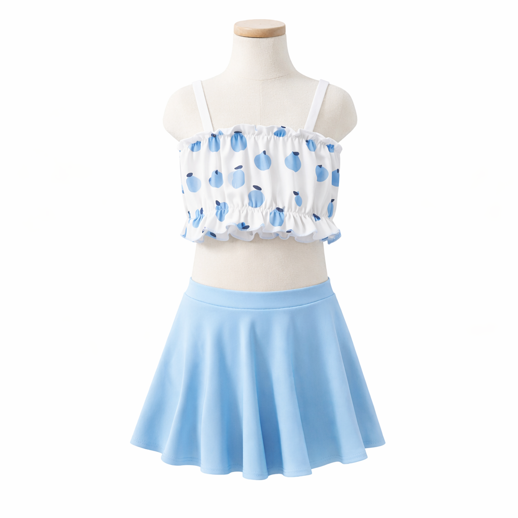 Costum de Baie din Doua Piese pentru Fete, Bikini Copii, cu Top Alb cu Imprimeu Albastru si Volanase Decorative, Fusta A