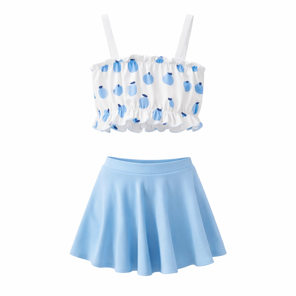 Costum de Baie din Doua Piese pentru Fete, Bikini Copii, cu Top Alb cu Imprimeu Albastru si Volanase Decorative, Fusta A