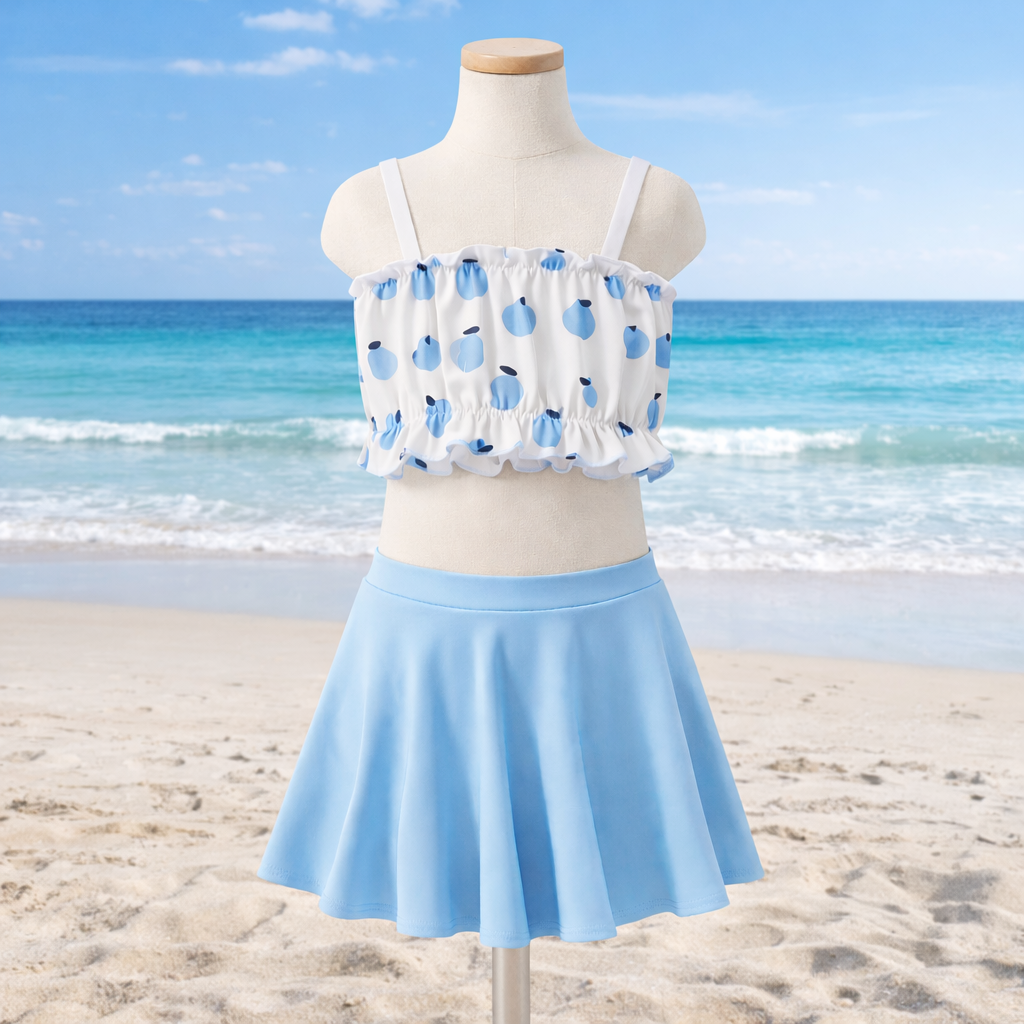 Costum de Baie din Doua Piese pentru Fete, Bikini Copii, cu Top Alb cu Imprimeu Albastru si Volanase Decorative, Fusta A