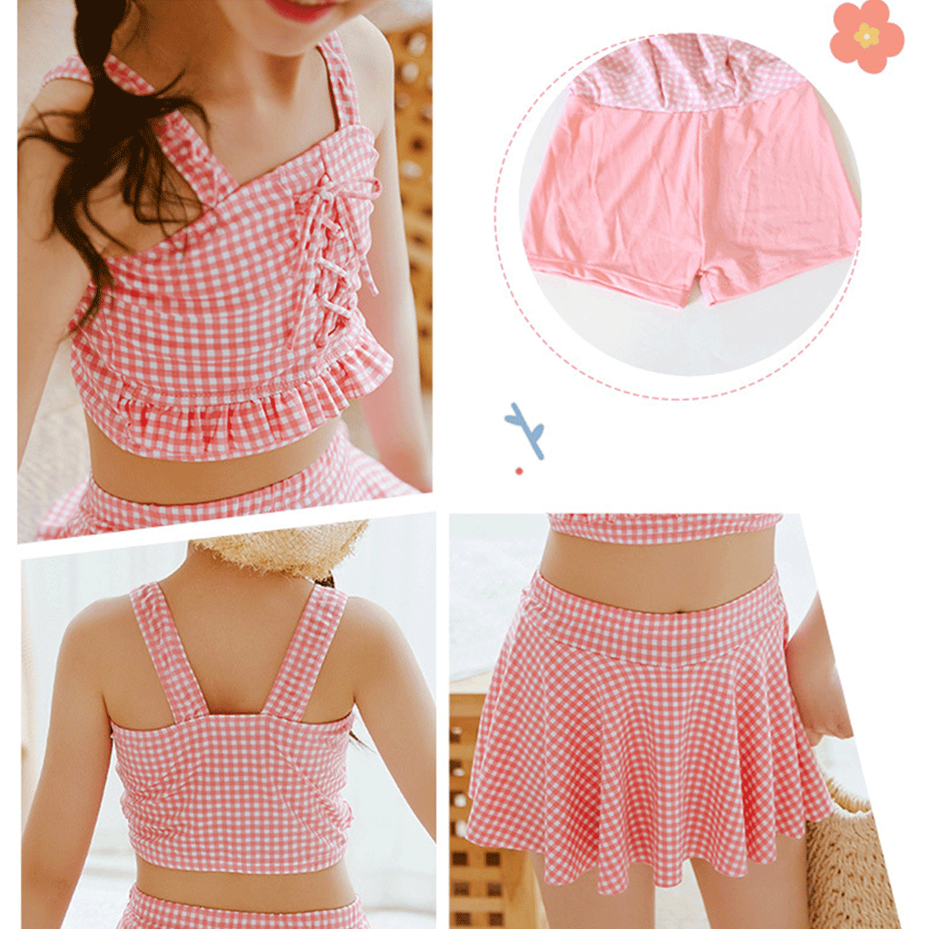Set Costum de Baie pentru Fete, Doua Piese, Model in Carouri Alb-Roz, Top cu Bretele Late si Snur Decorativ Frontal, Fus