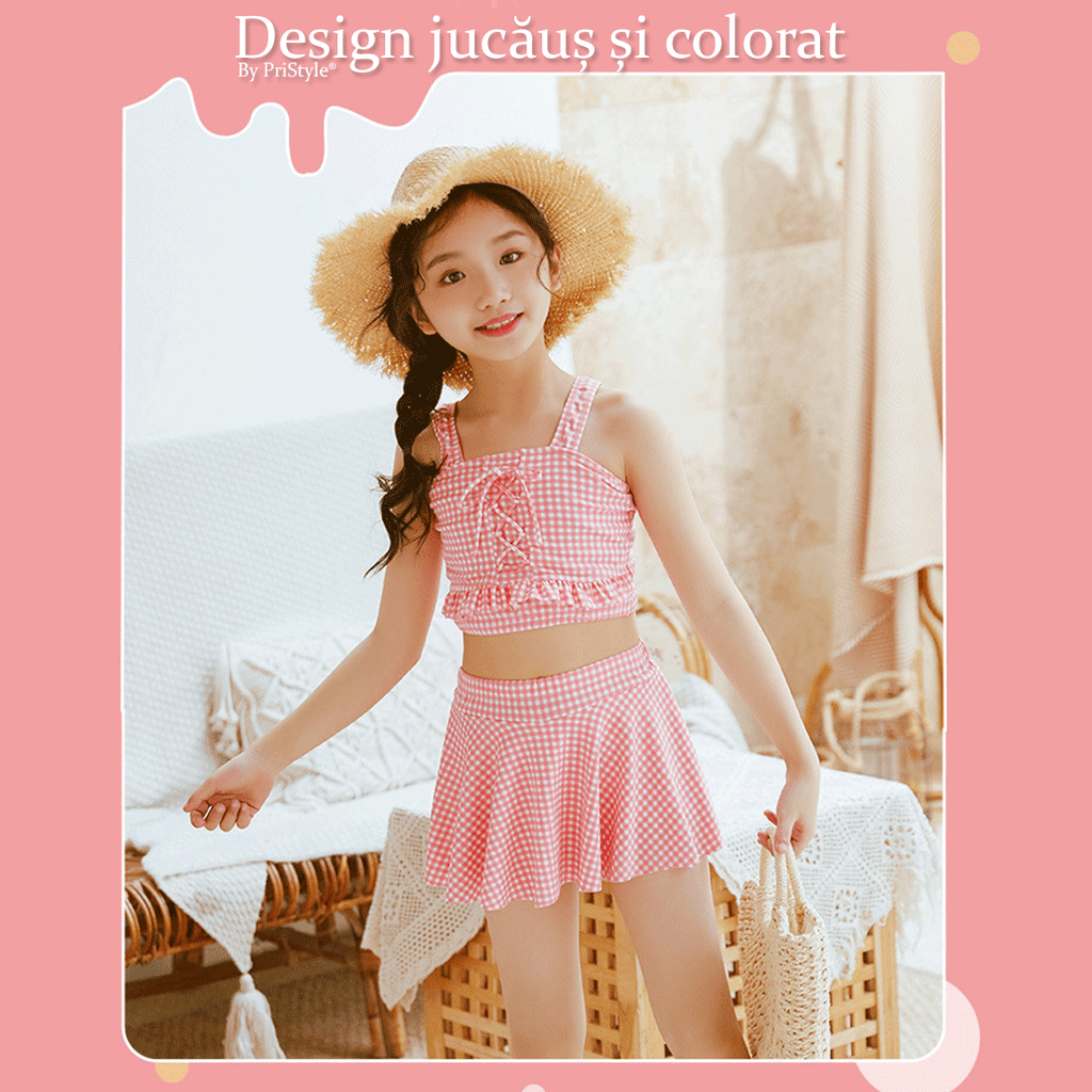 Set Costum de Baie pentru Fete, Doua Piese, Model in Carouri Alb-Roz, Top cu Bretele Late si Snur Decorativ Frontal, Fus