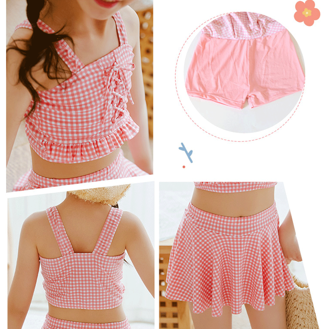 Set Costum de Baie pentru Fete, Doua Piese, Model in Carouri Alb-Roz, Top cu Bretele Late si Snur Decorativ Frontal, Fus