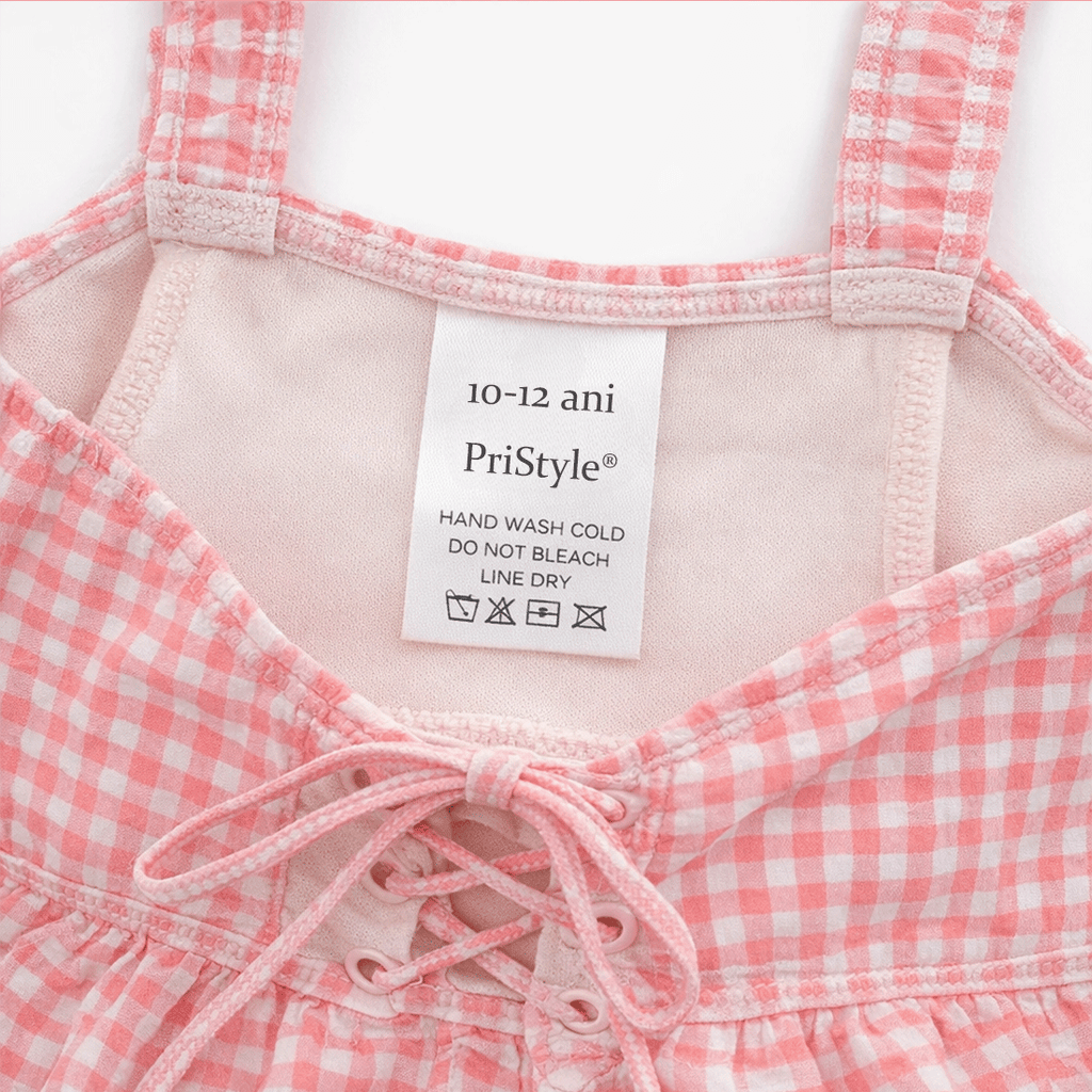 Set Costum de Baie pentru Fete, Doua Piese, Model in Carouri Alb-Roz, Top cu Bretele Late si Snur Decorativ Frontal, Fus