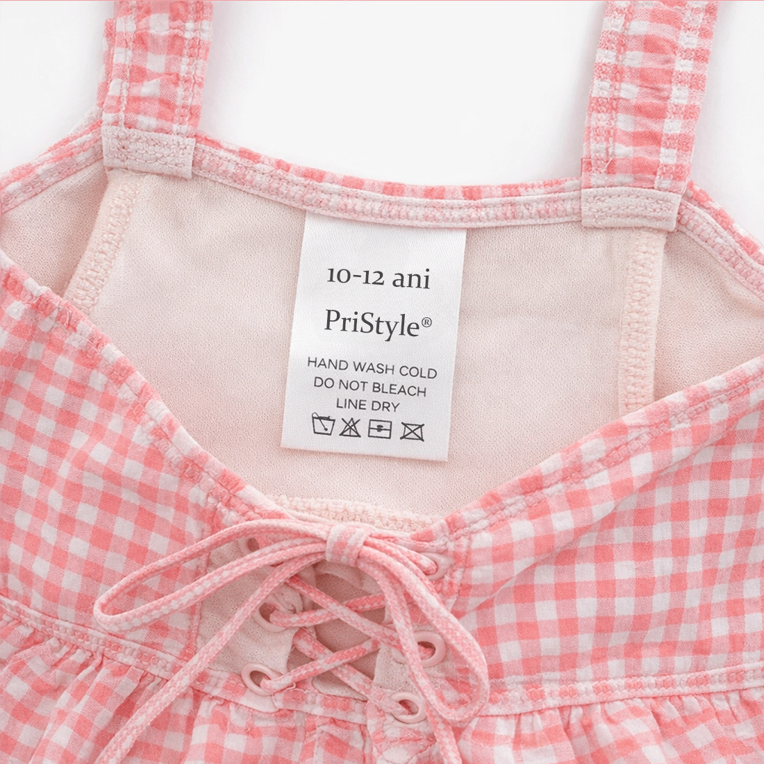 Set Costum de Baie pentru Fete, Doua Piese, Model in Carouri Alb-Roz, Top cu Bretele Late si Snur Decorativ Frontal, Fus