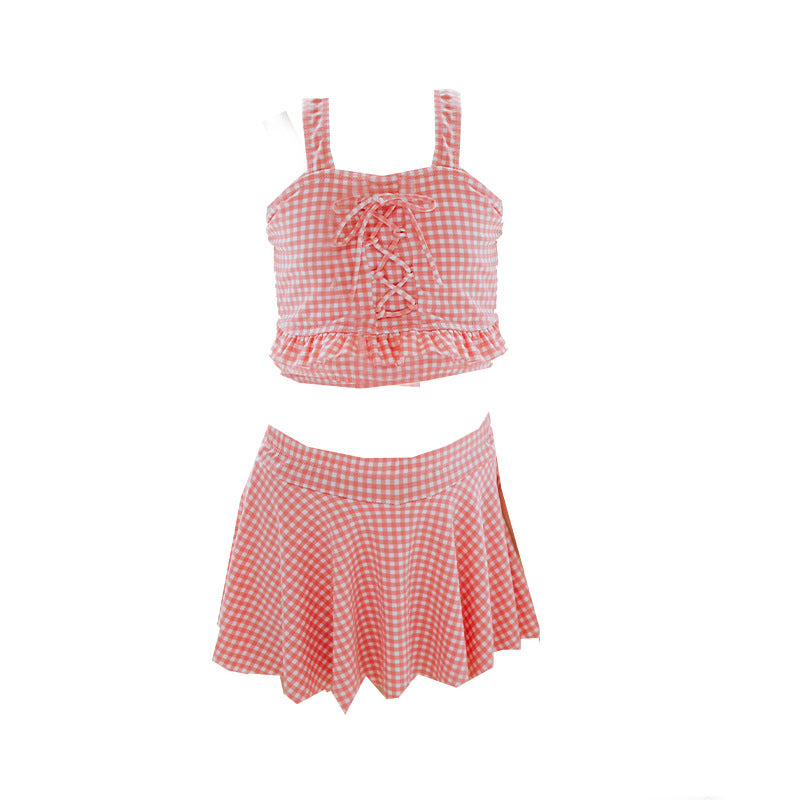 Set Costum de Baie pentru Fete, Doua Piese, Model in Carouri Alb-Roz, Top cu Bretele Late si Snur Decorativ Frontal, Fus