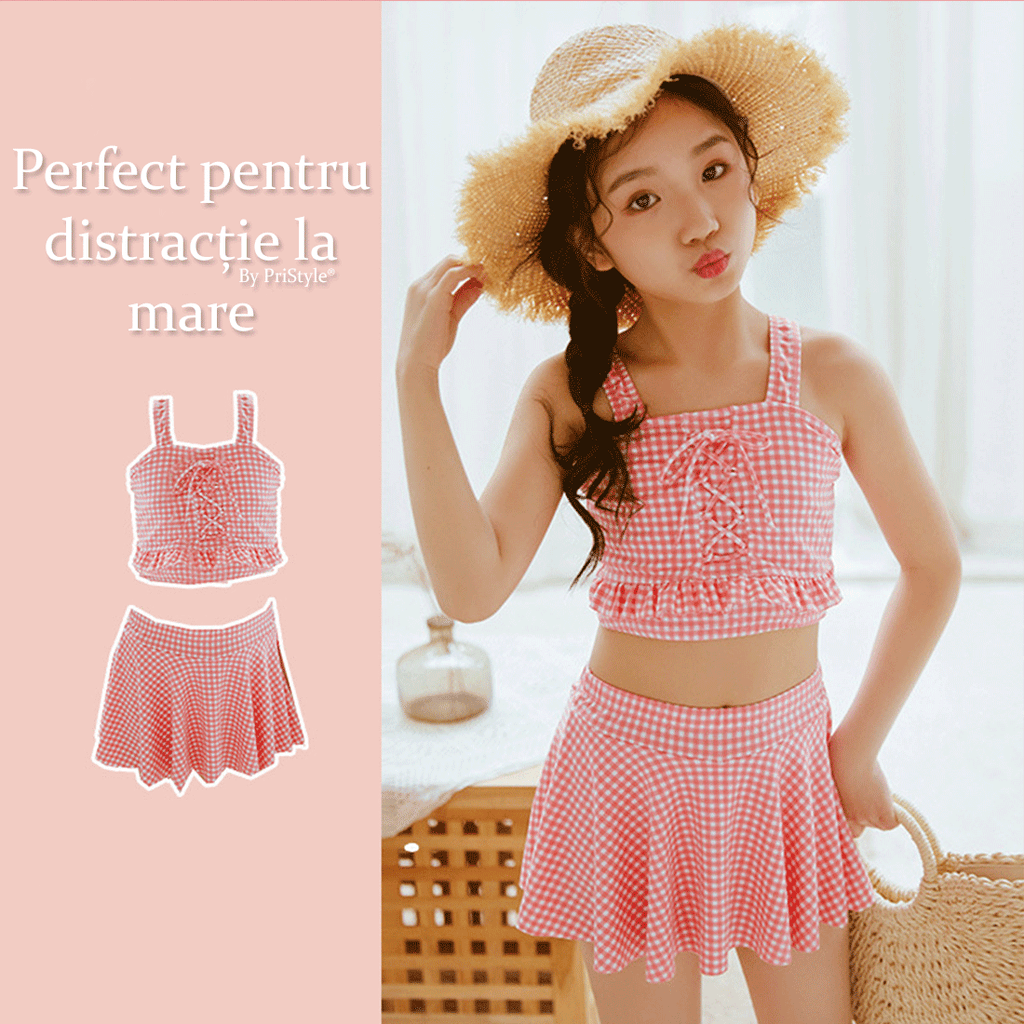 Set Costum de Baie pentru Fete, Doua Piese, Model in Carouri Alb-Roz, Top cu Bretele Late si Snur Decorativ Frontal, Fus