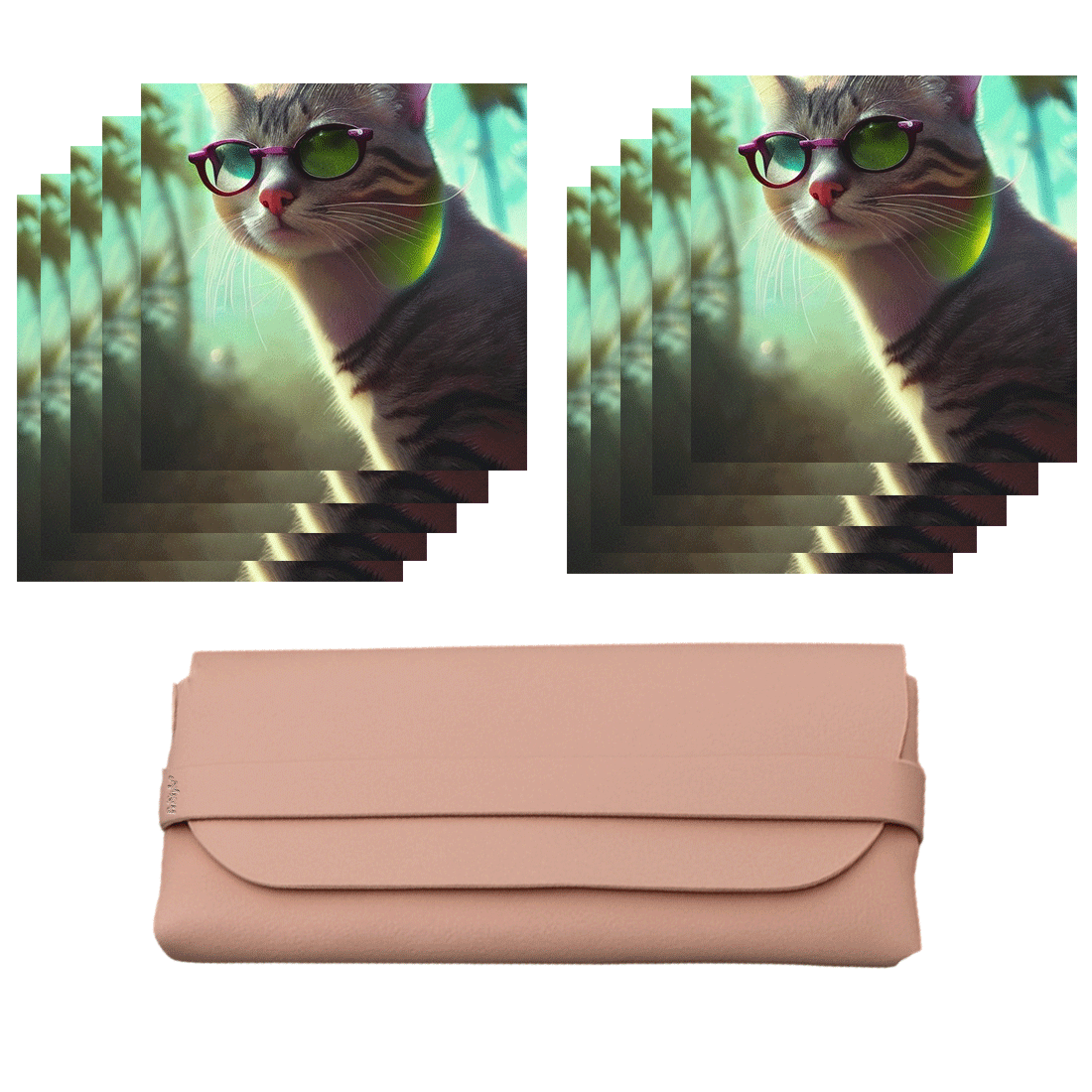 Set 10 Lavete Microfibra pentru Ochelari si Toc de Ochelari Roz, Imprimeu Pisica Cocheta cu Ochelari, Lavete Curatare pe