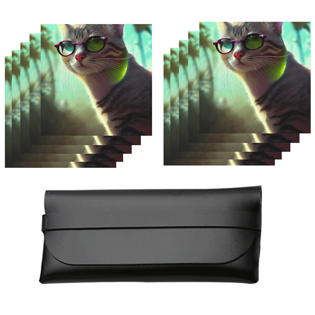 Set 10 Lavete Microfibra pentru Ochelari si Toc de Ochelari Negru, Imprimeu Pisica Cocheta cu Ochelari, Lavete Curatare 