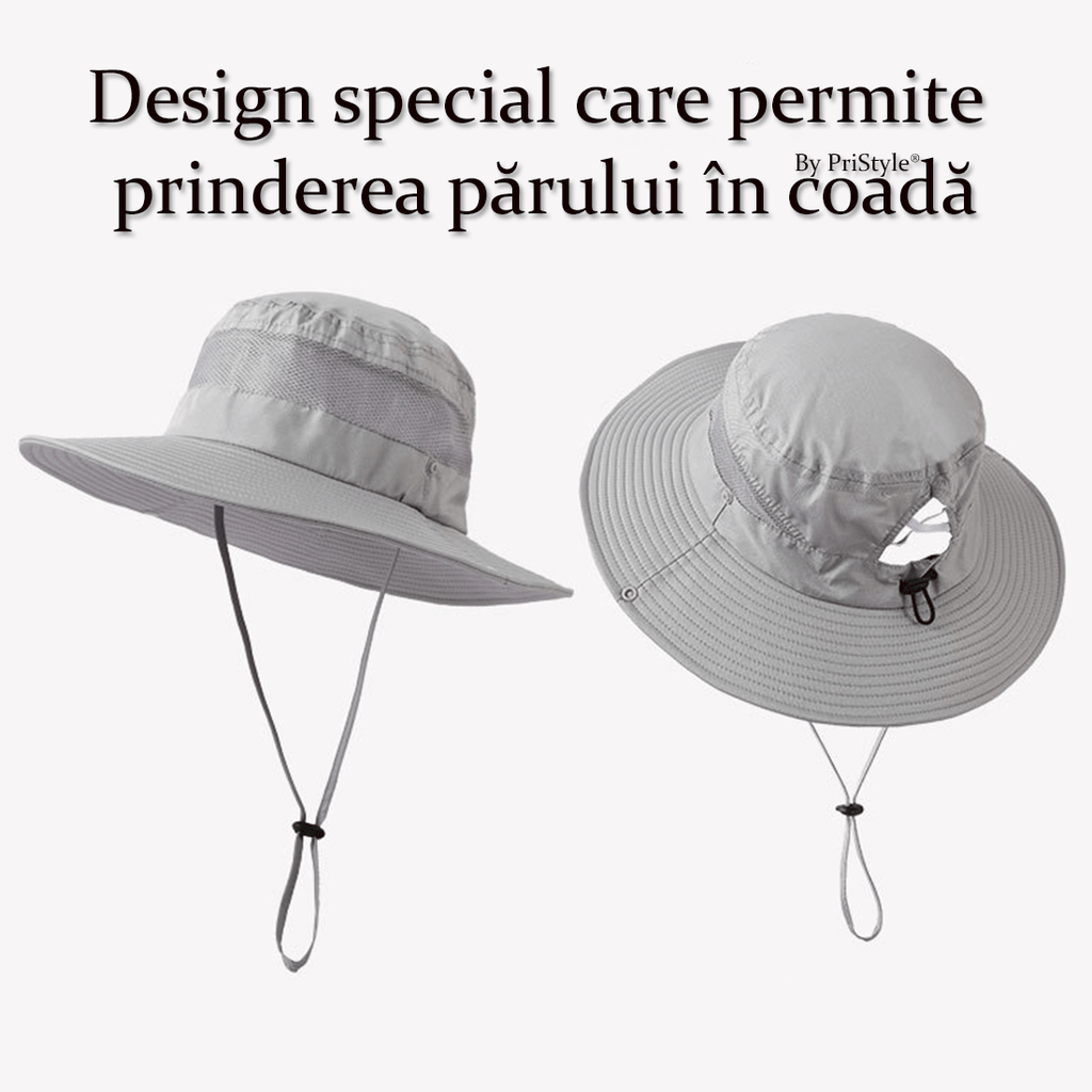 Palarie de Camping si Drumetie, cu Protectie Solara UV, Bor Lat si Design Special cu Decupaj pentru Prinderea Parului in