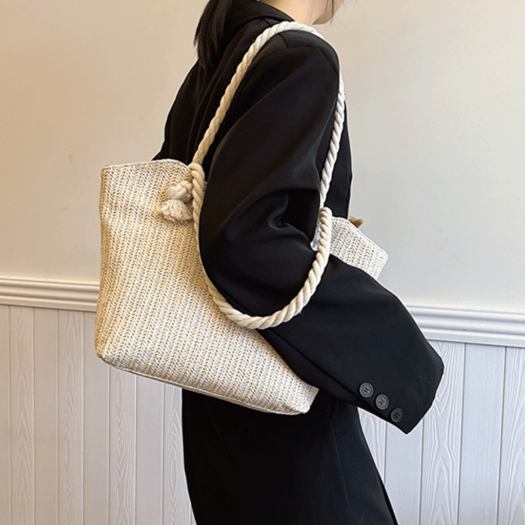 Geanta de Plaja din Paie Impletita, Model Casual Elegant, cu Manere Groase din Franghie, Incapatoare, Perfecta pentru Va