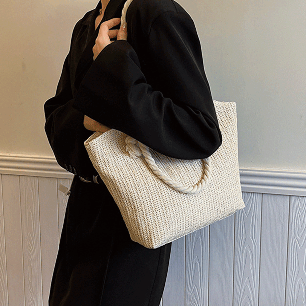 Geanta de Plaja din Paie Impletita, Model Casual Elegant, cu Manere Groase din Franghie, Incapatoare, Perfecta pentru Va