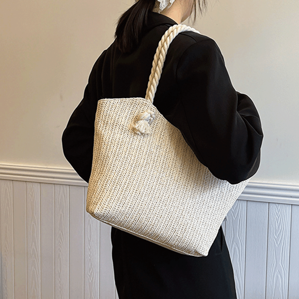 Geanta de Plaja din Paie Impletita, Model Casual Elegant, cu Manere Groase din Franghie, Incapatoare, Perfecta pentru Va