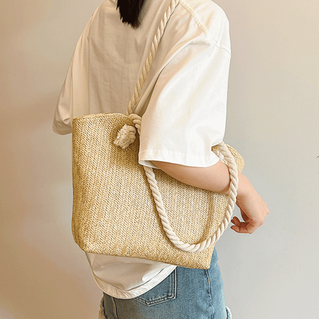 Geanta de Plaja din Paie Impletita, Model Casual Elegant, cu Manere Groase din Franghie, Incapatoare, Perfecta pentru Va