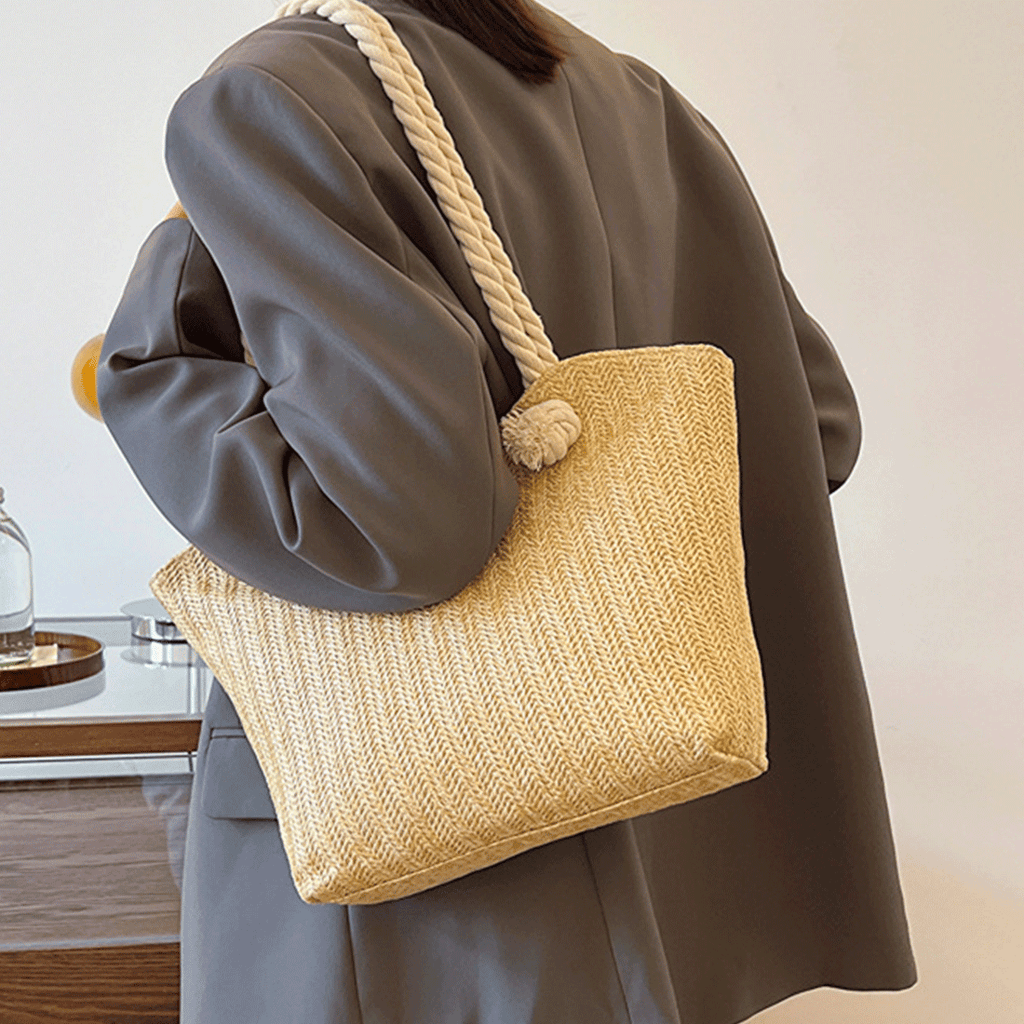 Geanta de Plaja din Paie Impletita, Model Casual Elegant, cu Manere Groase din Franghie, Incapatoare, Perfecta pentru Va