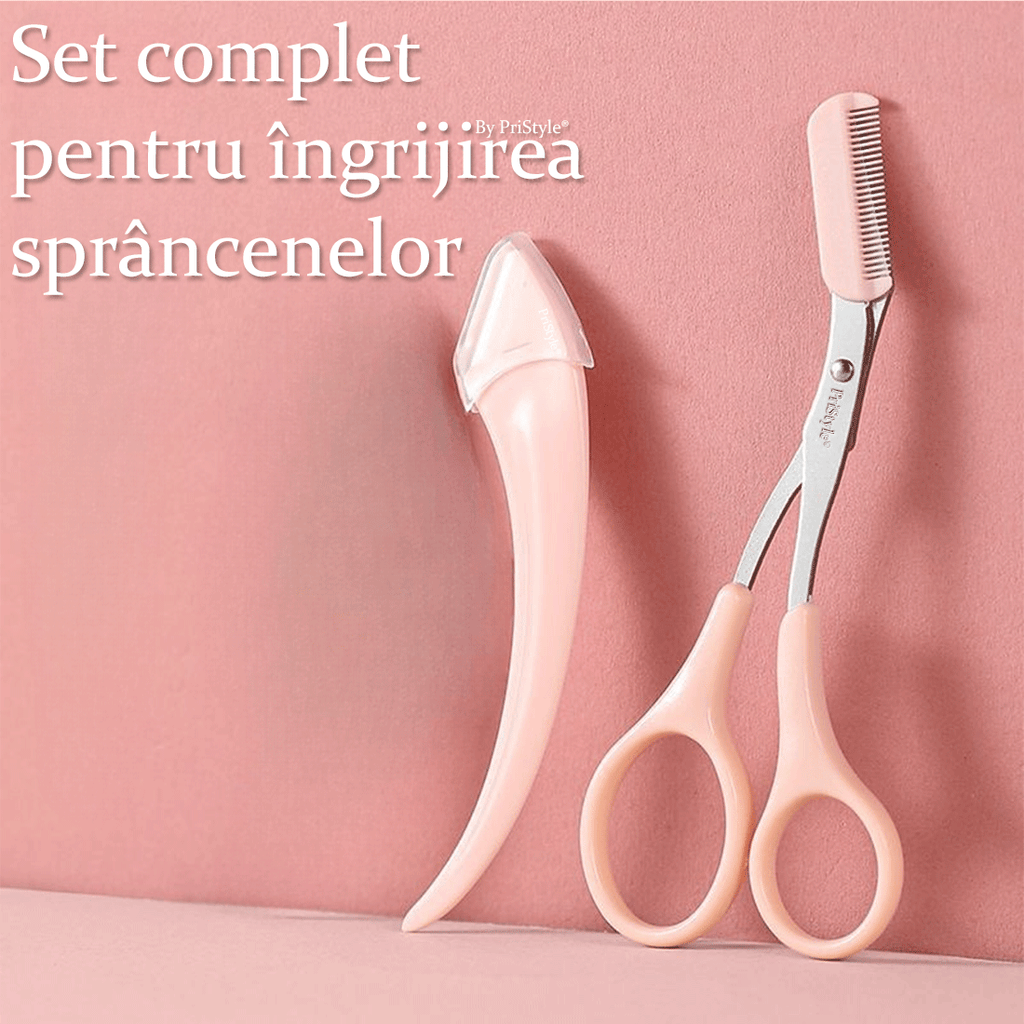 Set Profesional pentru Ingrijirea Sprancenelor, cu Foarfeca de Precizie si Lama de Ras cu Protectie, Ideal pentru Modela