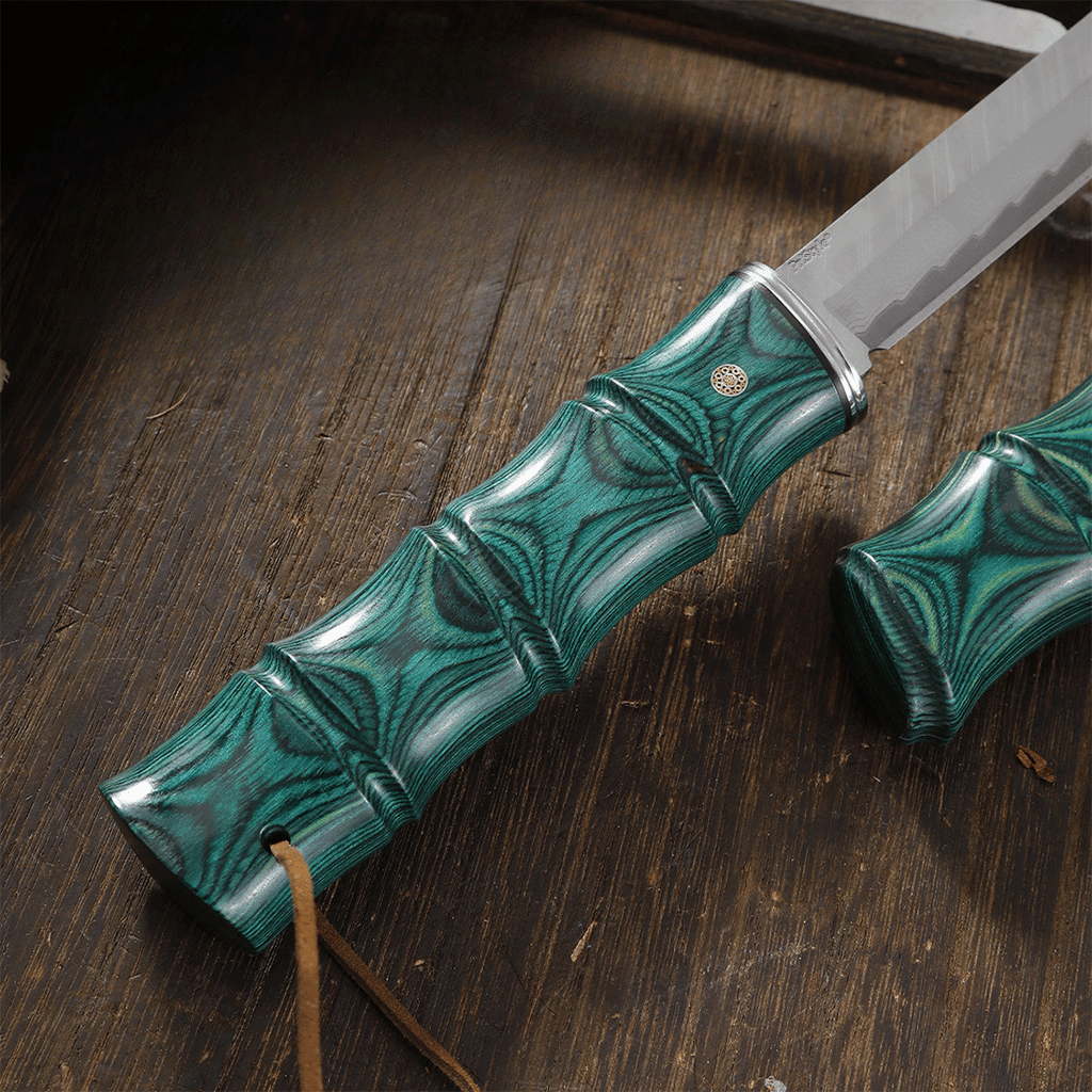 Cutit Decorativ HandMade "Aqua Dragon", cu Lama tip Damasc din Otel Forjat, Maner din lemn de Bambus, cu Teaca, Piesa de