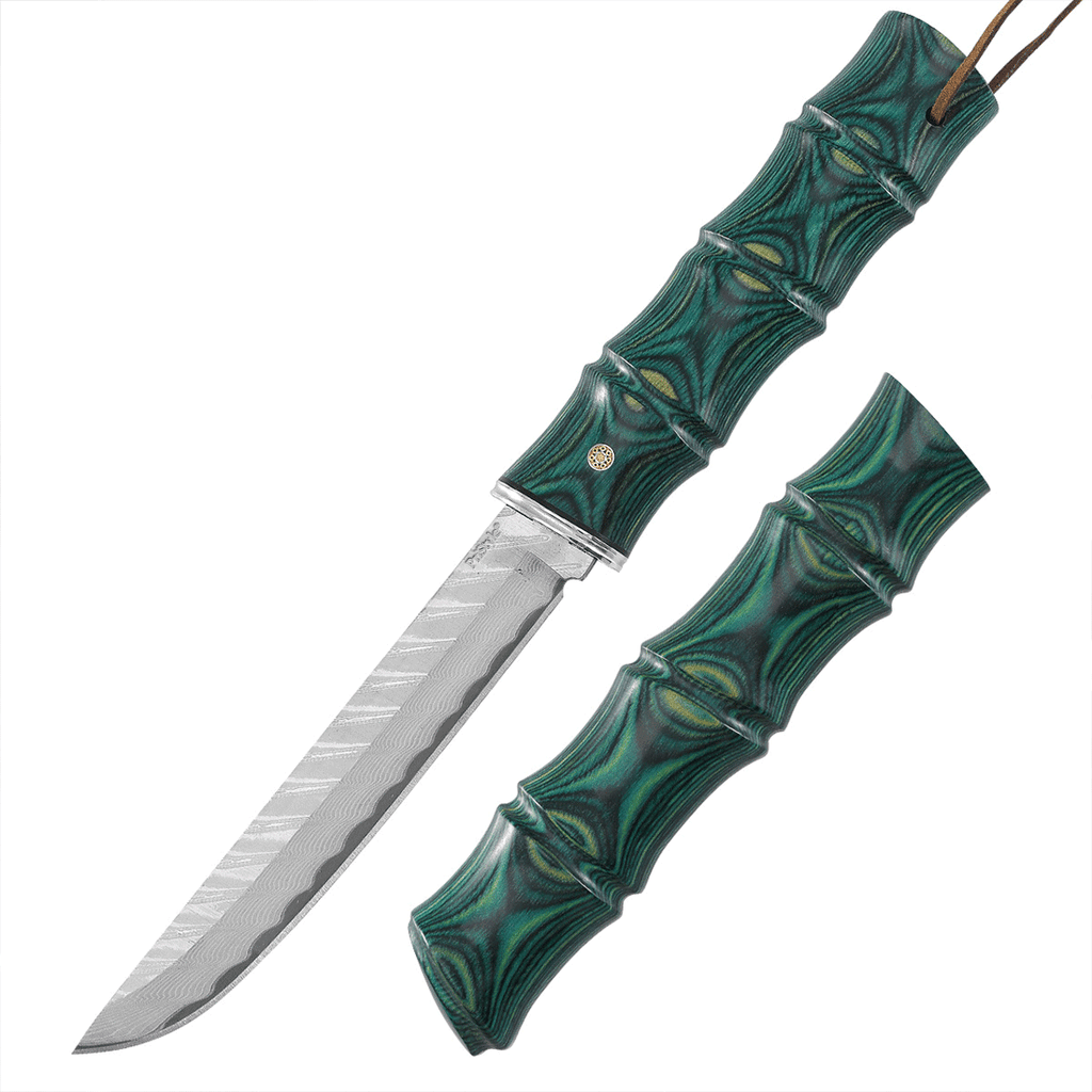 Cutit Decorativ HandMade "Aqua Dragon", cu Lama tip Damasc din Otel Forjat, Maner din lemn de Bambus, cu Teaca, Piesa de