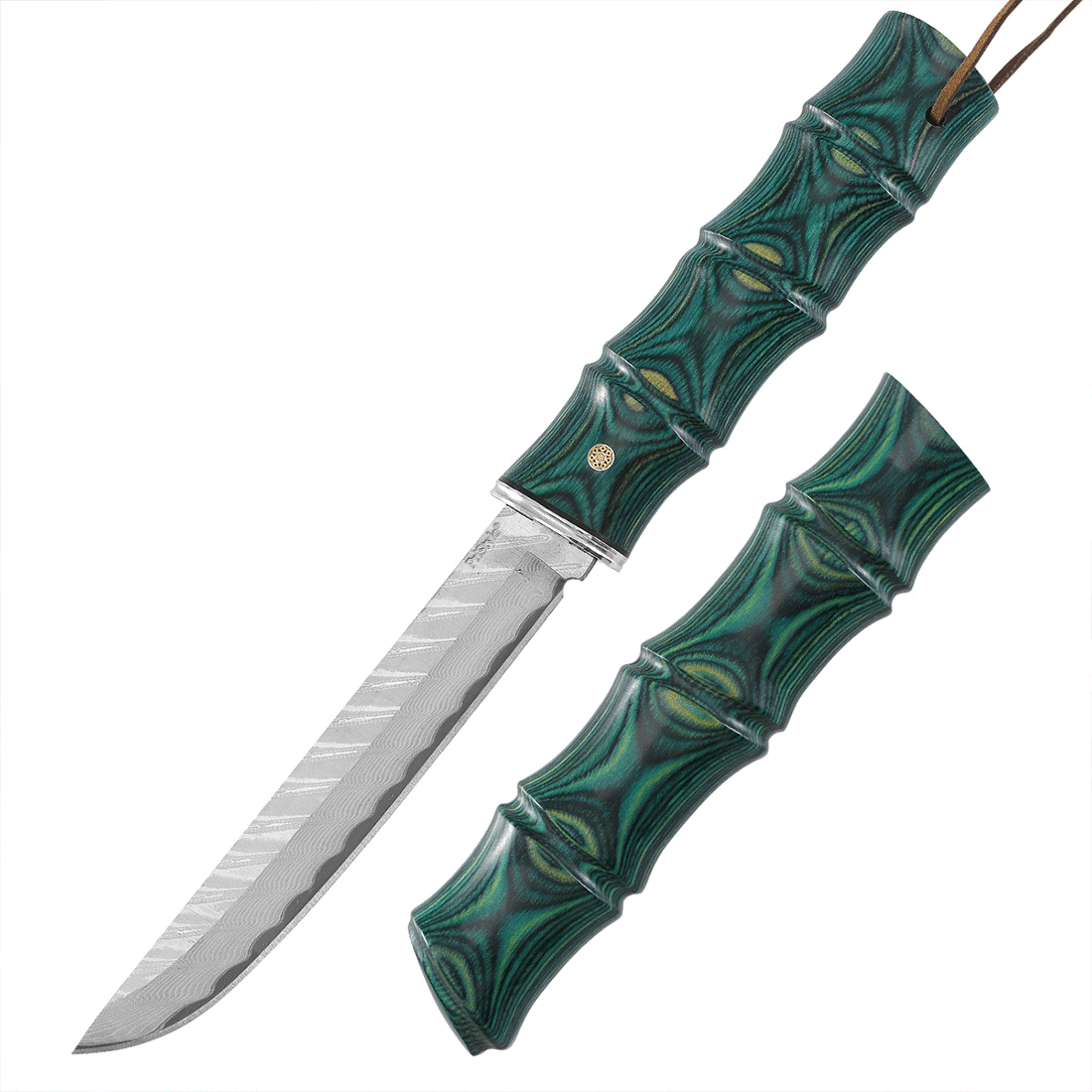 Cutit Decorativ HandMade "Aqua Dragon", cu Lama tip Damasc din Otel Forjat, Maner din lemn de Bambus, cu Teaca, Piesa de