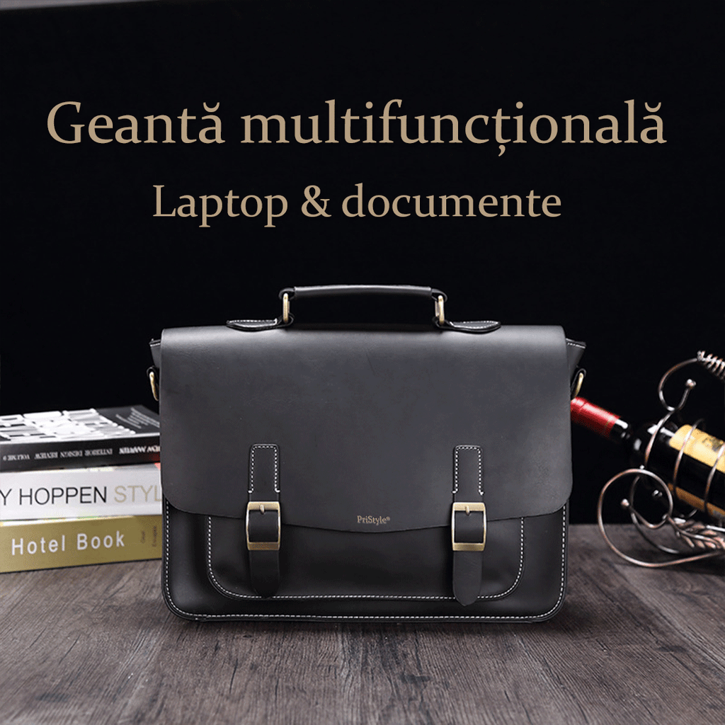 Geanta Business din Piele Ecologica Premium, Tip Servieta, cu Doua Catarame Metalice, Compartiment Laptop, Curea Reglabi