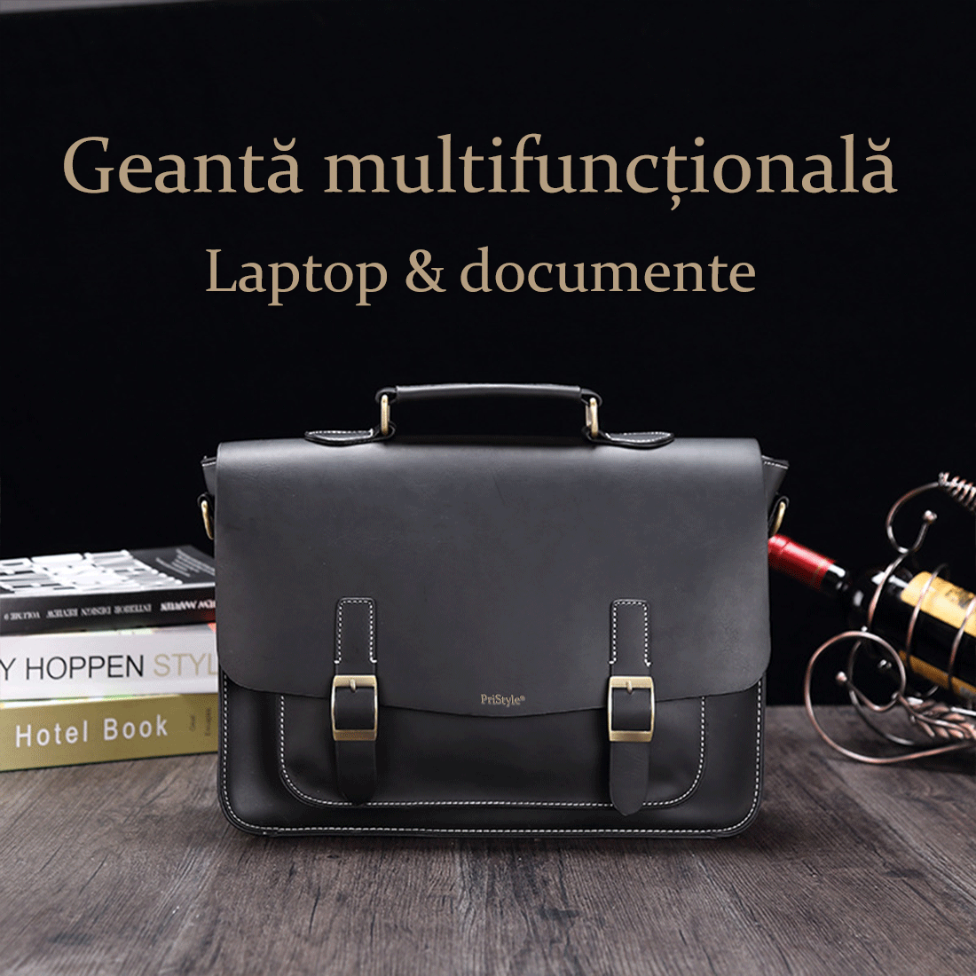 Geanta Business din Piele Ecologica Premium, Tip Servieta, cu Doua Catarame Metalice, Compartiment Laptop, Curea Reglabi