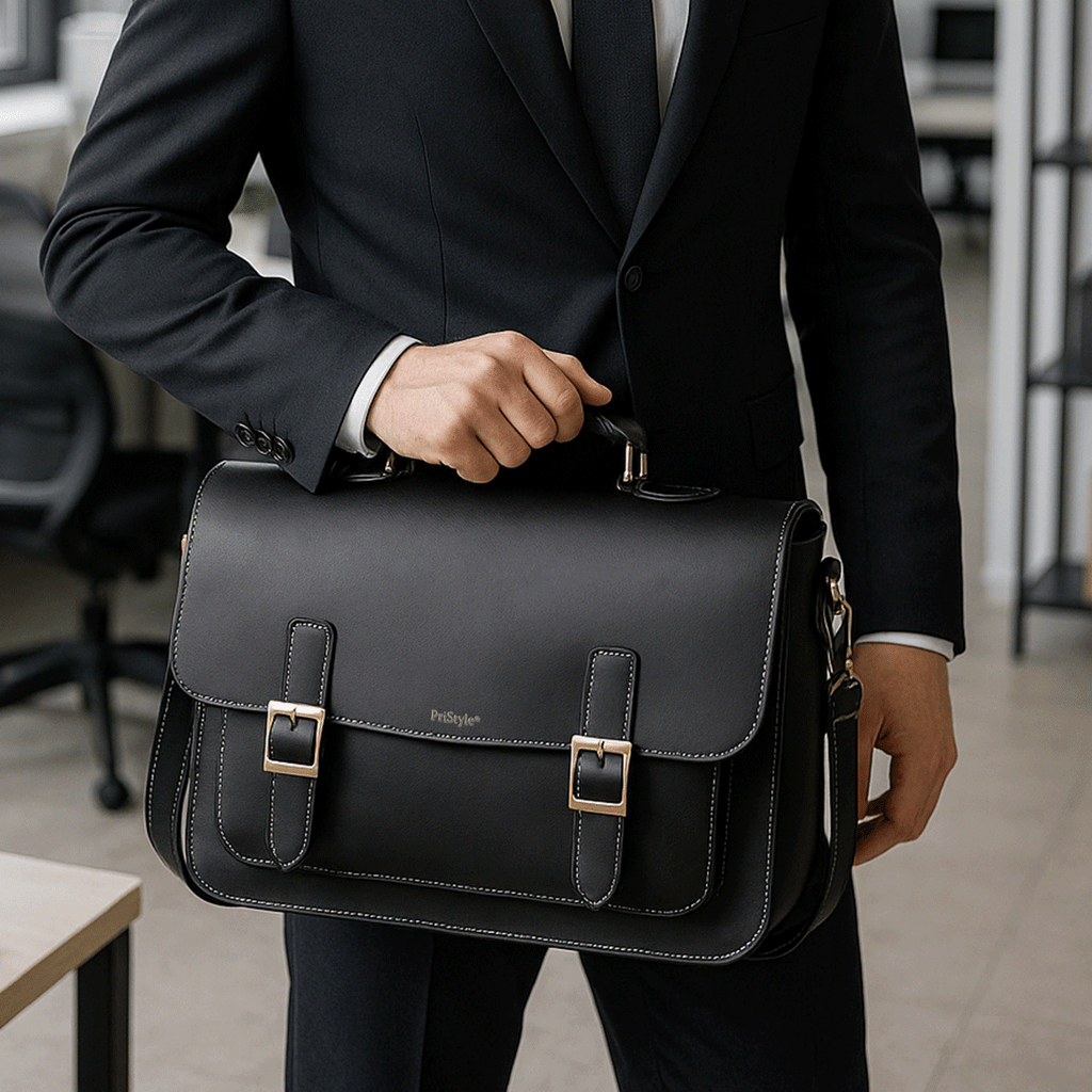 Geanta Business din Piele Ecologica Premium, Tip Servieta, cu Doua Catarame Metalice, Compartiment Laptop, Curea Reglabi