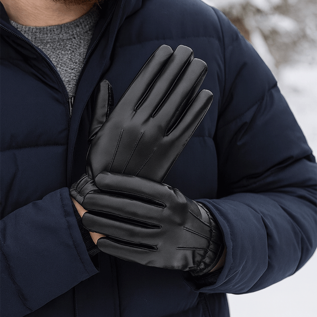 Manusi de Iarna, pentru Barbati, din Piele Ecologica Neagra, Compatibile cu Ecranul Tactil, Captusite, Protectie Impotri