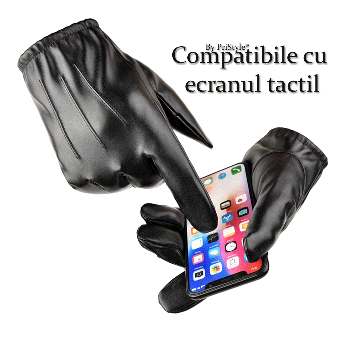 Manusi de Iarna, pentru Barbati, din Piele Ecologica Neagra, Compatibile cu Ecranul Tactil, Captusite, Protectie Impotri