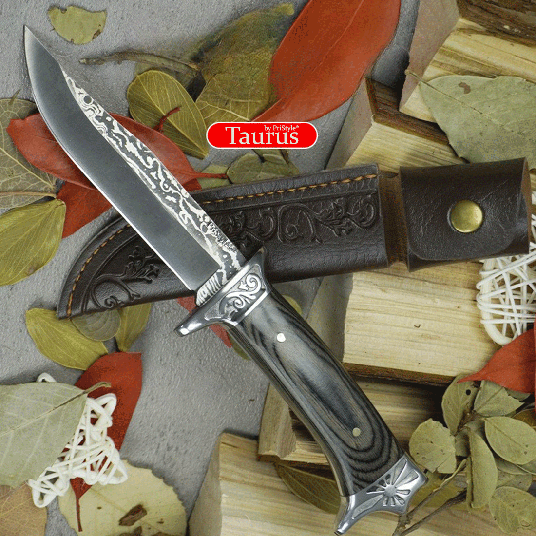 Cutit Tactic de Vanatoare si Camping "Taurus" – Lama din Otel Inoxidabil cu Gravura Artistica, Maner Ergonomic cu Decora