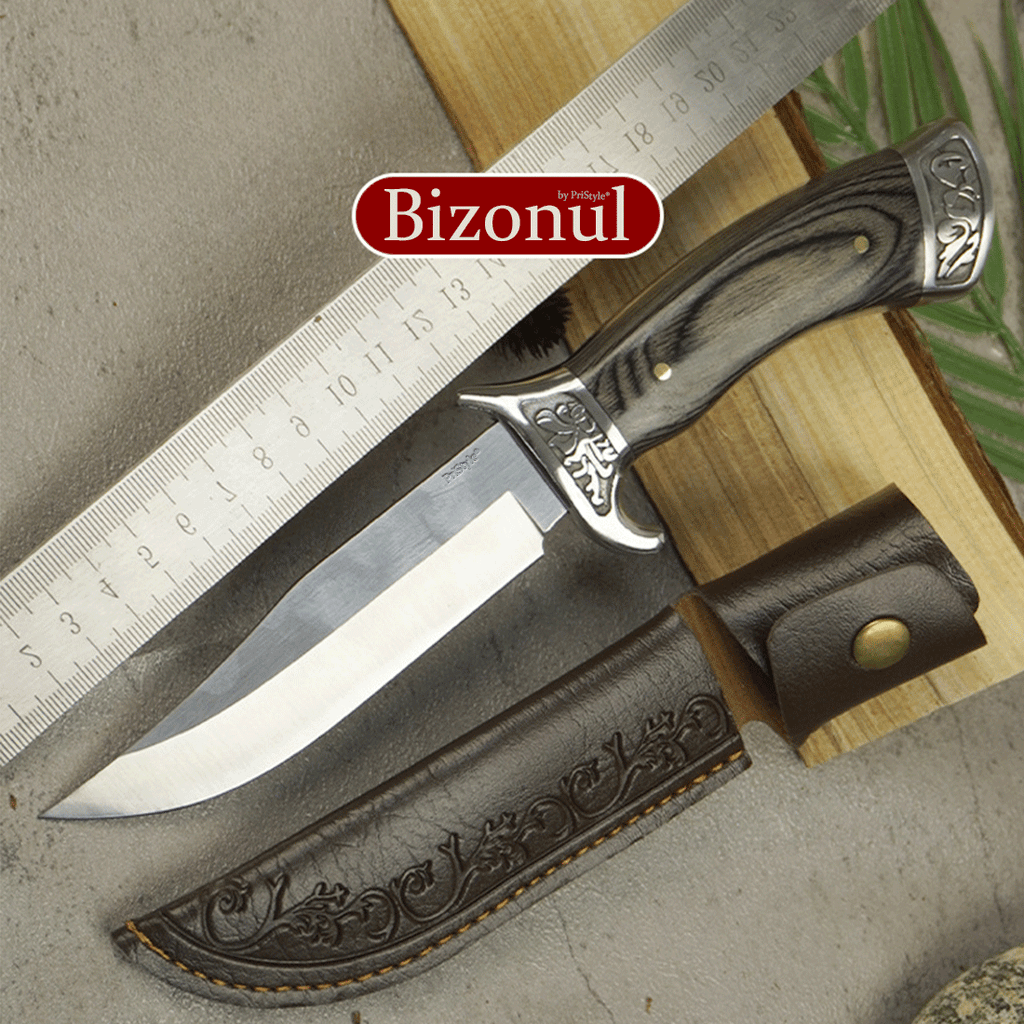 Cutit Camping sau Vanatoare, 'Bizonul', cu Maner din Lemn de Fag Natural si Detalii Metalice Sculptate, 24 cm, PriStyle®