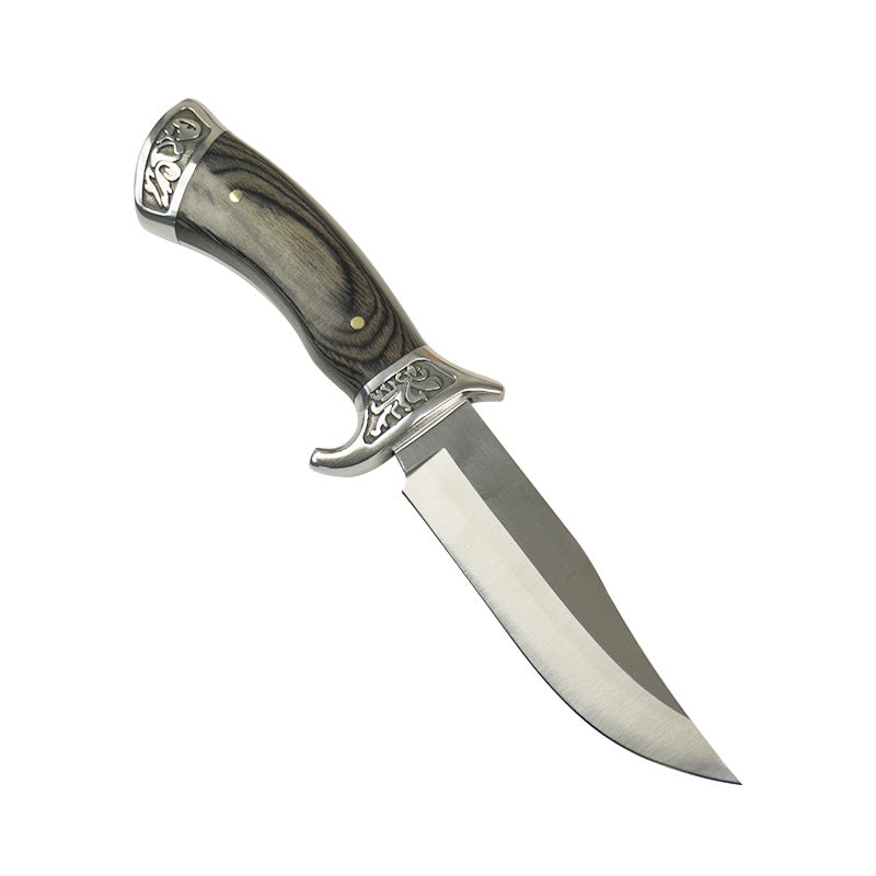 Cutit Camping sau Vanatoare, 'Bizonul', cu Maner din Lemn de Fag Natural si Detalii Metalice Sculptate, 24 cm, PriStyle®