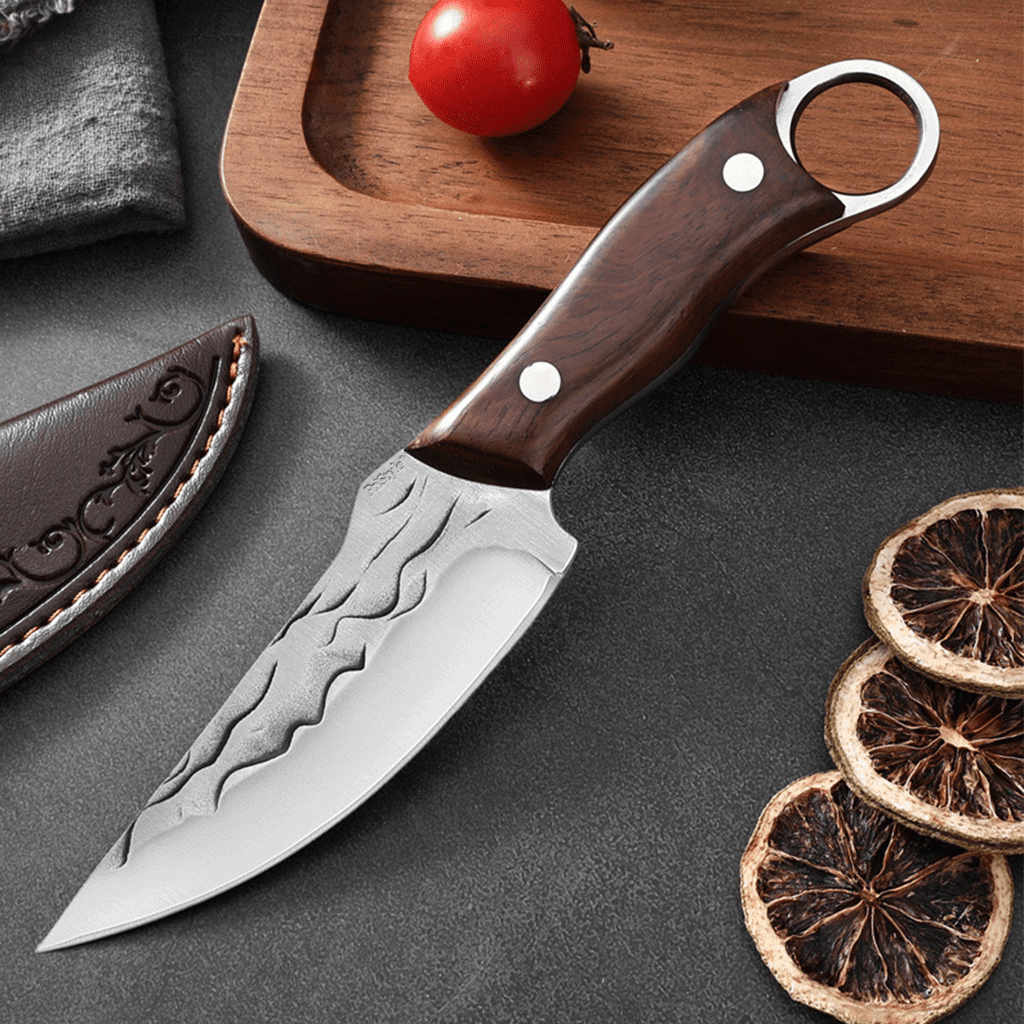 Cutit Outdoor pentru Gatit "Fire Fang", Full Tang– Lama din Otel Inoxidabil Gravata, Maner din Lemn Ergonomic, cu Teaca 