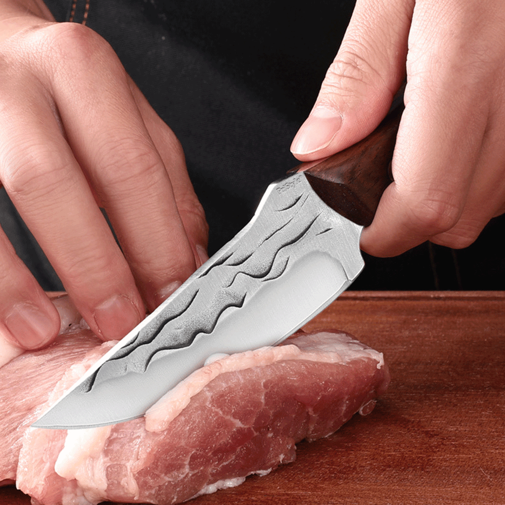 Cutit Outdoor pentru Gatit "Fire Fang", Full Tang– Lama din Otel Inoxidabil Gravata, Maner din Lemn Ergonomic, cu Teaca 