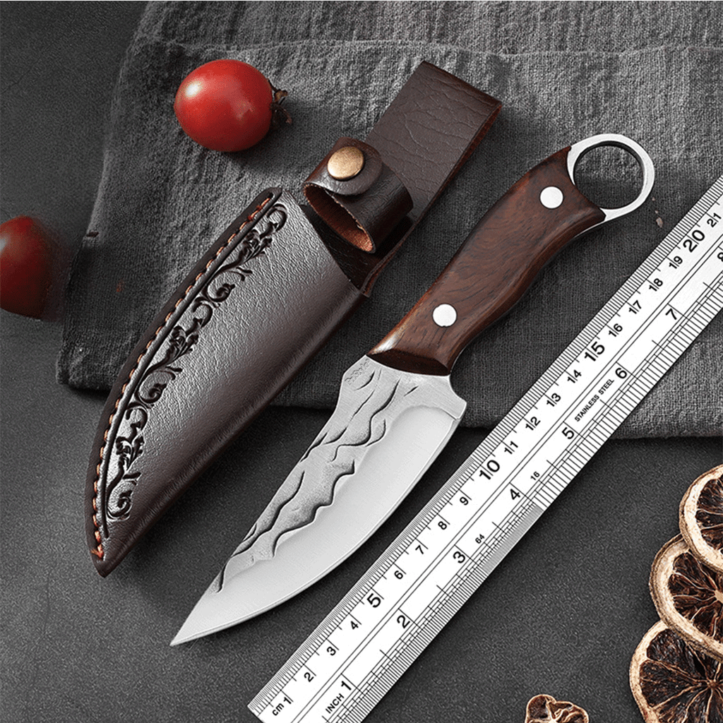 Cutit Outdoor pentru Gatit "Fire Fang", Full Tang– Lama din Otel Inoxidabil Gravata, Maner din Lemn Ergonomic, cu Teaca 