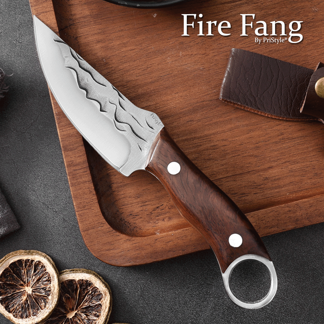 Cutit Outdoor pentru Gatit "Fire Fang", Full Tang– Lama din Otel Inoxidabil Gravata, Maner din Lemn Ergonomic, cu Teaca 