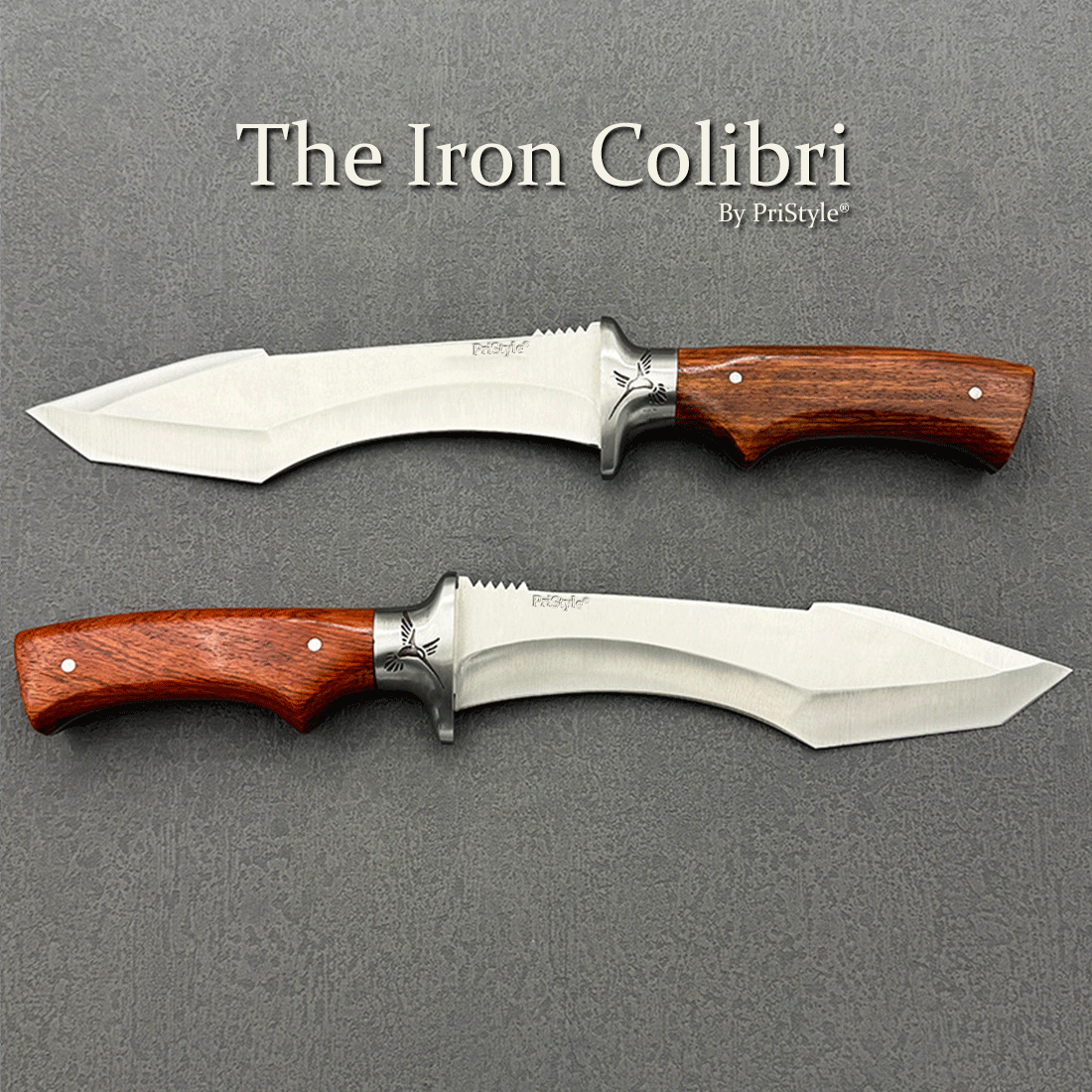 Cutit Tactic Vanatoare sau Camping 'The Iron Colibri', cu Lama din Otel Inoxidabil, Maner din Lemn de Nuc si Teaca Inclu