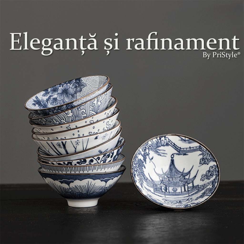 Set 10 Cesti Ceramice Premium Stil Asiatic, Modele Albastre Traditionale, Design Elegant pentru Ceai, Rezistente la Temp