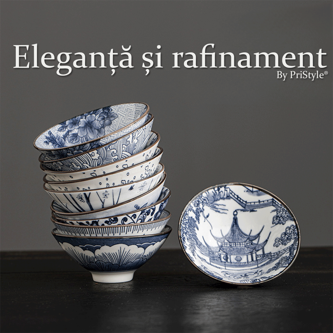 Set 10 Cesti Ceramice Premium Stil Asiatic, Modele Albastre Traditionale, Design Elegant pentru Ceai, Rezistente la Temp