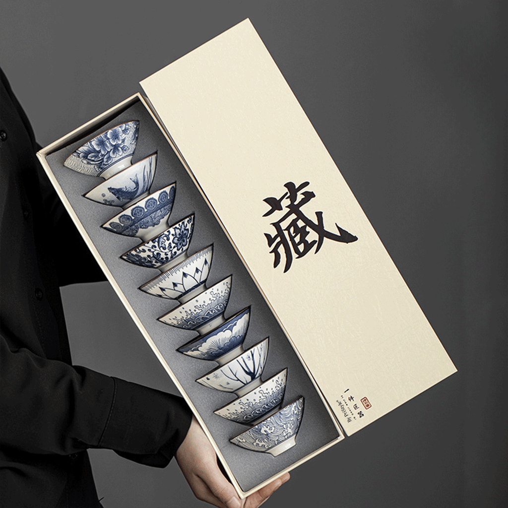 Set 10 Cesti Ceramice Premium Stil Asiatic, Modele Albastre Traditionale, Design Elegant pentru Ceai, Rezistente la Temp