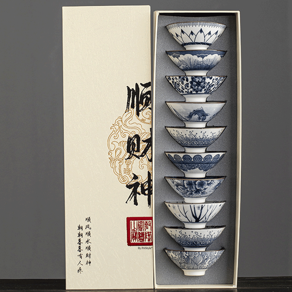Set 10 Cesti Ceramice Premium Stil Asiatic, Modele Albastre Traditionale, Design Elegant pentru Ceai, Rezistente la Temp