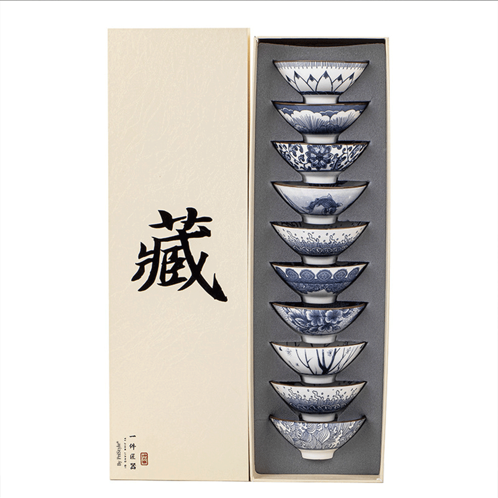 Set 10 Cesti Ceramice Premium Stil Asiatic, Modele Albastre Traditionale, Design Elegant pentru Ceai, Rezistente la Temp