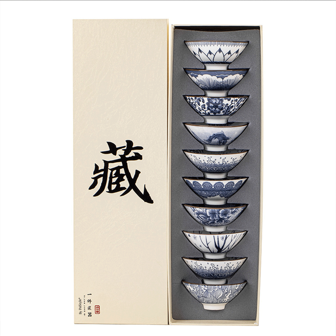 Set 10 Cesti Ceramice Premium Stil Asiatic, Modele Albastre Traditionale, Design Elegant pentru Ceai, Rezistente la Temp