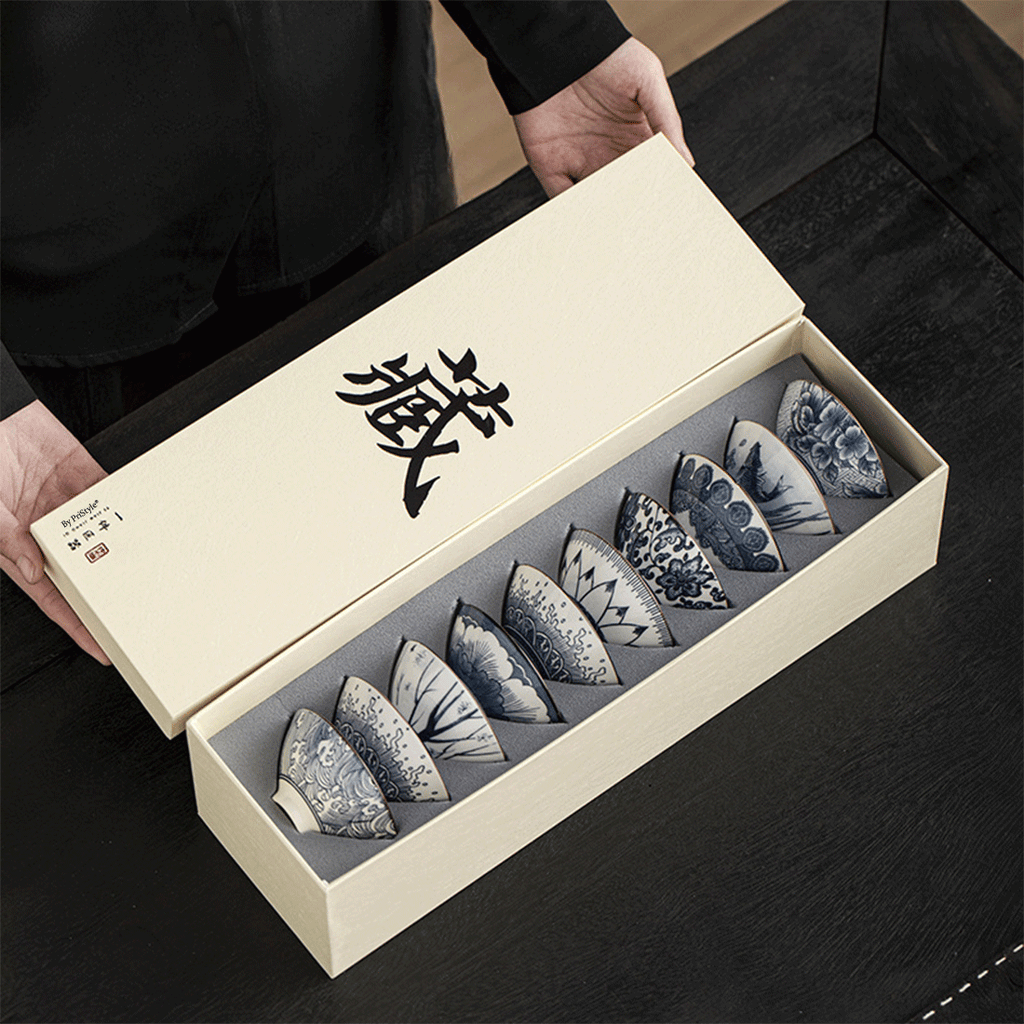 Set 10 Cesti Ceramice Premium Stil Asiatic, Modele Albastre Traditionale, Design Elegant pentru Ceai, Rezistente la Temp