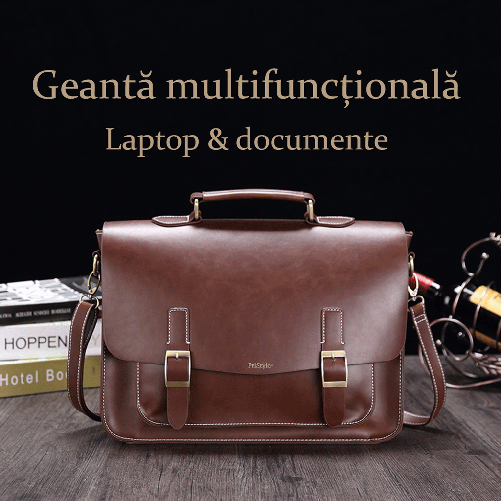 Geanta Business din Piele Ecologica Premium, Tip Servieta, cu Doua Catarame Metalice, Compartiment Laptop, Curea Reglabi