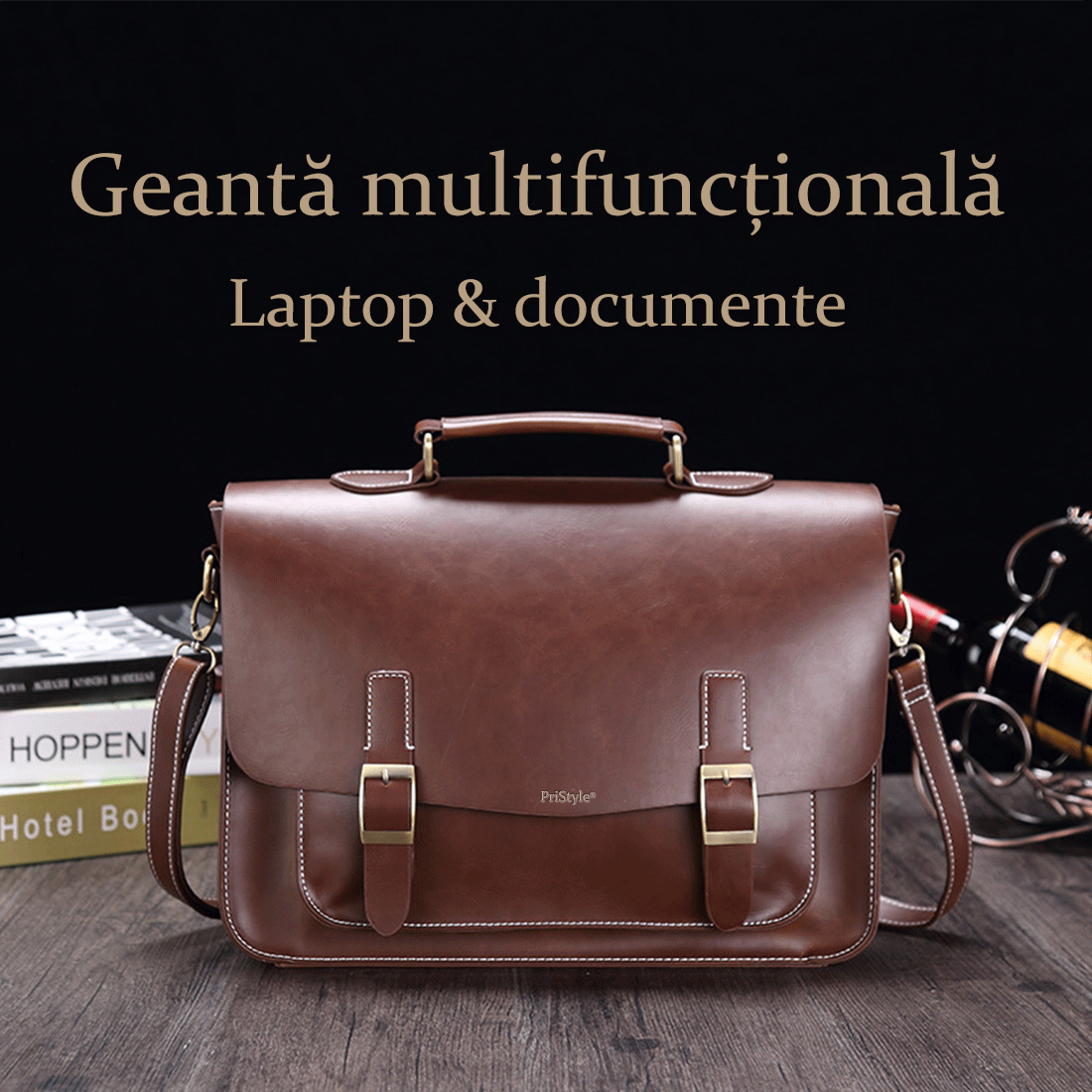 Geanta Business din Piele Ecologica Premium, Tip Servieta, cu Doua Catarame Metalice, Compartiment Laptop, Curea Reglabi
