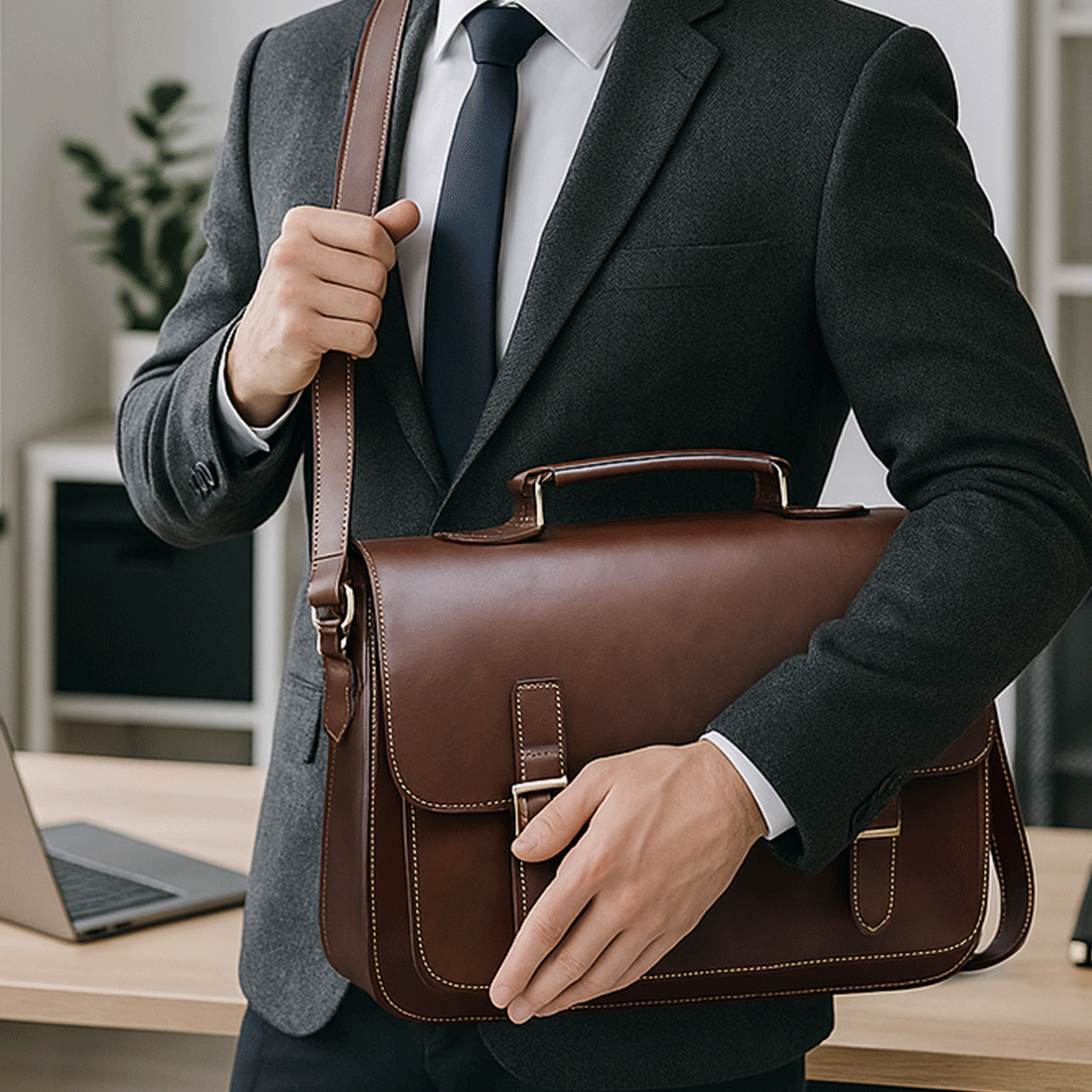 Geanta Business din Piele Ecologica Premium, Tip Servieta, cu Doua Catarame Metalice, Compartiment Laptop, Curea Reglabi