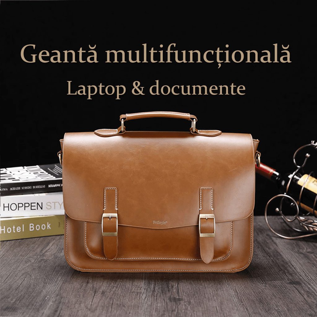 Geanta Business din Piele Ecologica Premium, Tip Servieta, cu Doua Catarame Metalice, Compartiment Laptop, Curea Reglabi