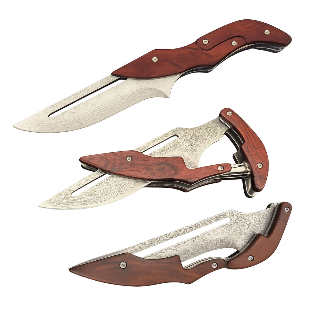 Cutit Pliabil, cu Sistem de Protectie Lama, pentru Camping, Vanatoare, Supravietuire si Bushcraft, Maner de Lemn Natural