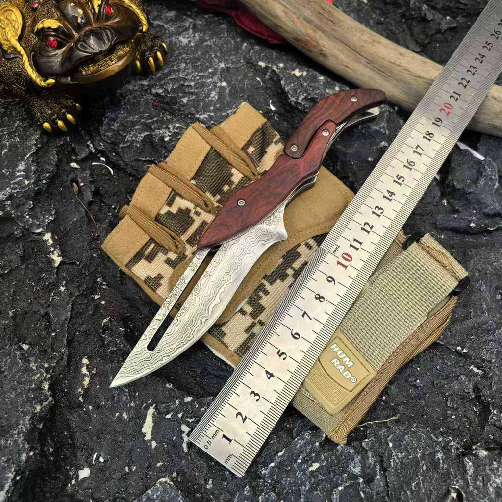 Cutit Pliabil, cu Sistem de Protectie Lama, pentru Camping, Vanatoare, Supravietuire si Bushcraft, Maner de Lemn Natural
