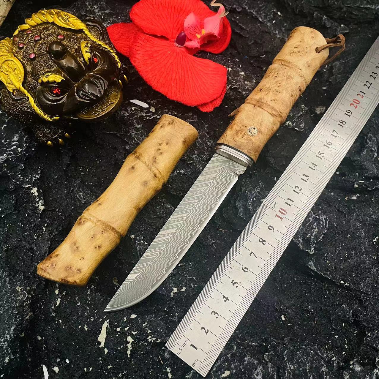 Cutit handmade Premium, 'Amicul Samuraiului', cu Maner si Teaca din Lemn de Bambus Natural, 22cm, PriStyle®
