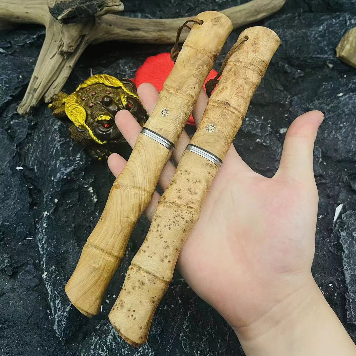 Cutit handmade Premium, 'Amicul Samuraiului', cu Maner si Teaca din Lemn de Bambus Natural, 22cm, PriStyle®